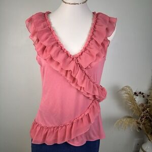 Elle Womens Large Pink Ruffle Sleeveless V Neck Blouse Fairy Summer Modal Cotton